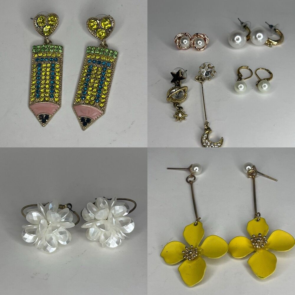 Lot 7 Pair Earrings Pencil Pearl Flower Stud Dangle Multicolor - Pre-owned